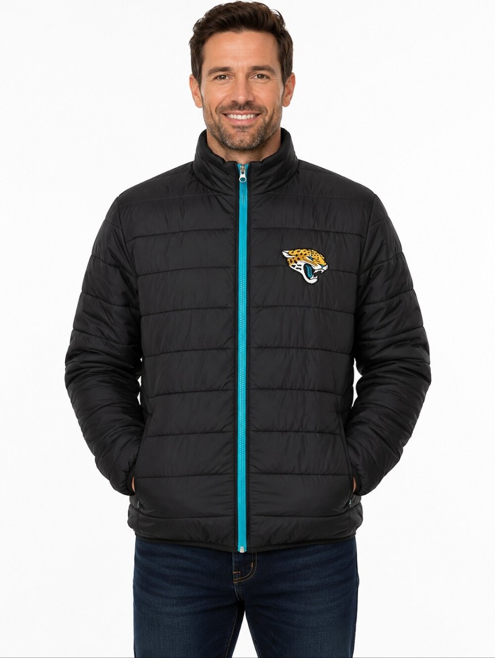 Jacksonville Jaguars NFL Puffer Jacket Men XL Black Teal Full Zip Quilted